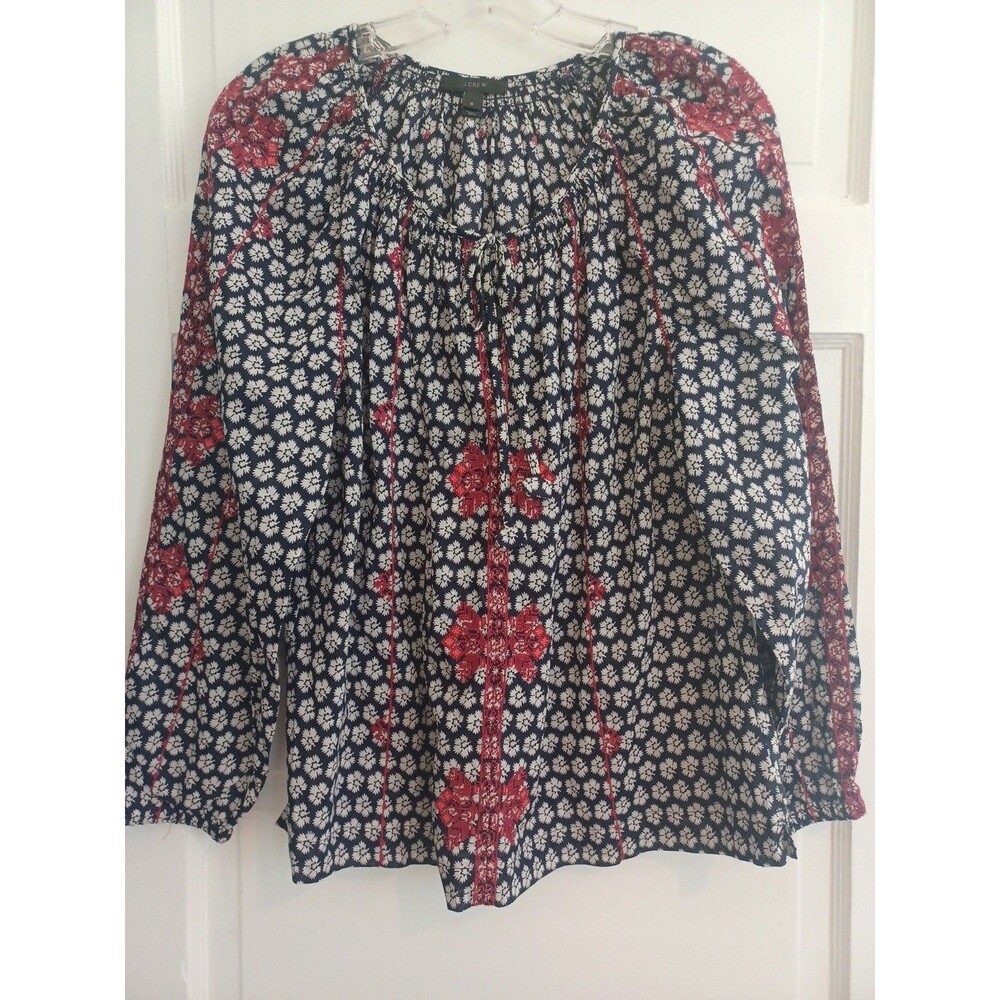 J. Crew navy red embroidered peasant top womens 8 boho hippie blouse shirt prepp